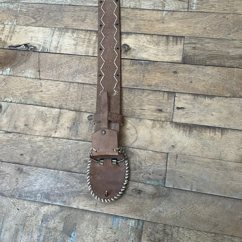 Brown Leather Belt Men's Size S White Whipstitch Chevron Pattern